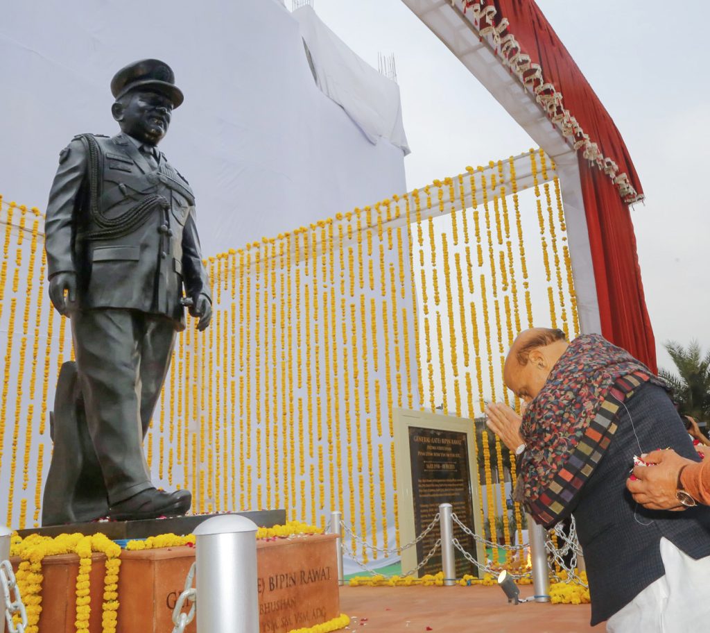 The Union Minister for Defence, Shri Rajnath Singh unveils the statue of Indias first Chief of Defence Staff, late. General Bipin Rawat at Tons Bridge School, in Dehradun on February 12, 2024.