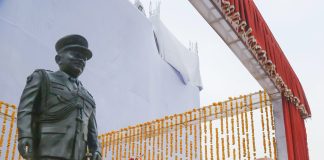 Raksha Mantri unveils the statue of India’s first Chief of Defence Staff late General Bipin Rawat in Dehradun The Union Minister for Defence, Shri Rajnath Singh paying floral tributes to the statue of Indias first Chief of Defence Staff, late. General Bipin Rawat at Tons Bridge School, in Dehradun on February 12, 2024.