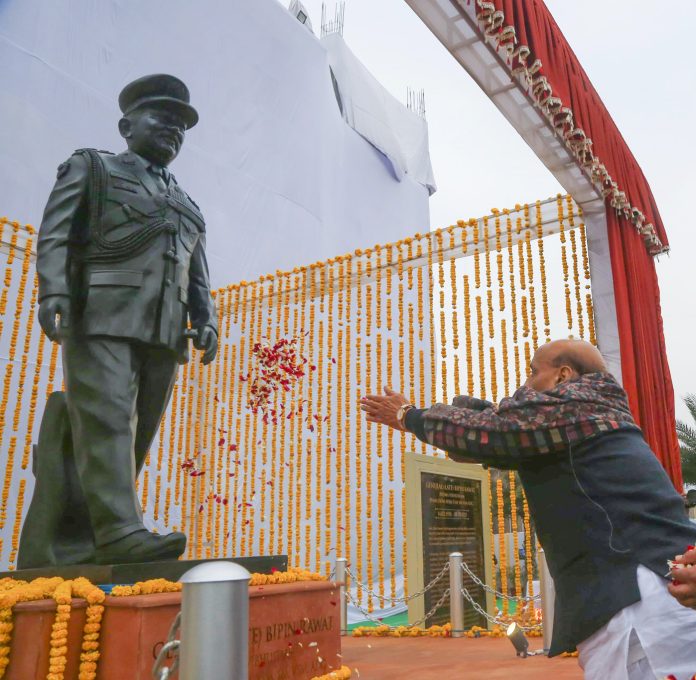 The Union Minister for Defence, Shri Rajnath Singh paying floral tributes to the statue of Indias first Chief of Defence Staff, late. General Bipin Rawat at Tons Bridge School, in Dehradun on February 12, 2024. The Union Minister for Defence, Shri Rajnath Singh paying floral tributes to the statue of Indias first Chief of Defence Staff, late. General Bipin Rawat at Tons Bridge School, in Dehradun on February 12, 2024.