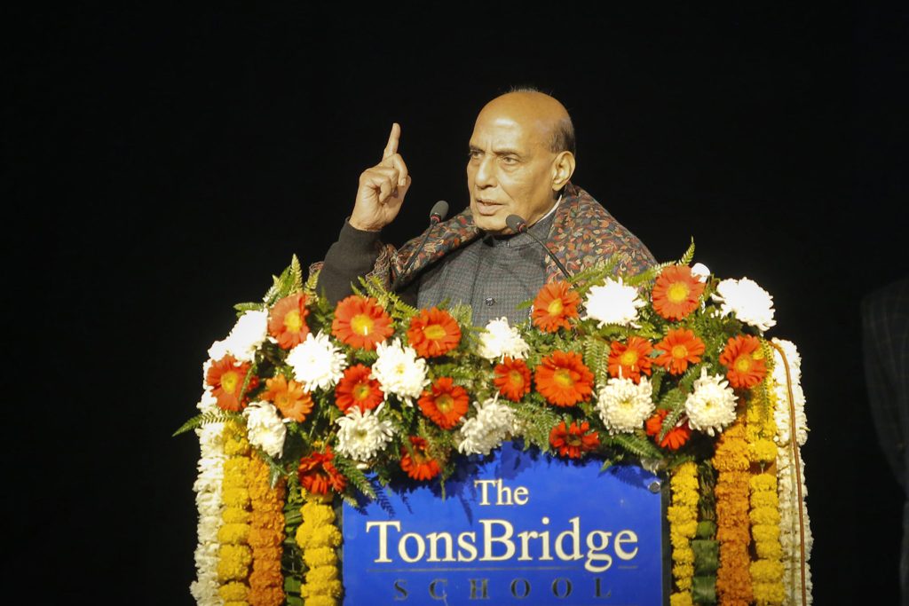 The Union Minister for Defence, Shri Rajnath Singh addresses the statue unveiling ceremony of Indias first Chief of Defence Staff, late. General Bipin Rawat at Tons Bridge School, in Dehradun on February 12, 2024.