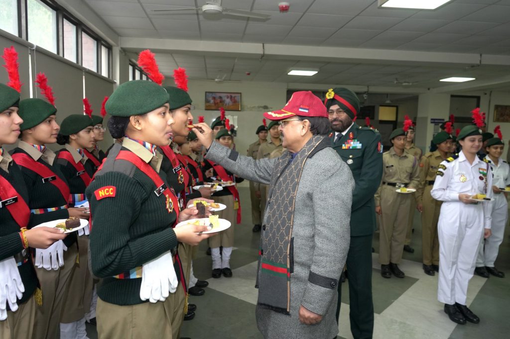 The Minister of State for Defence and Tourism, Shri Ajay Bhatt receives welcome by Maj Gen MS Mokha at NCC Group HQ, in Chandigarh on February 12, 2024.