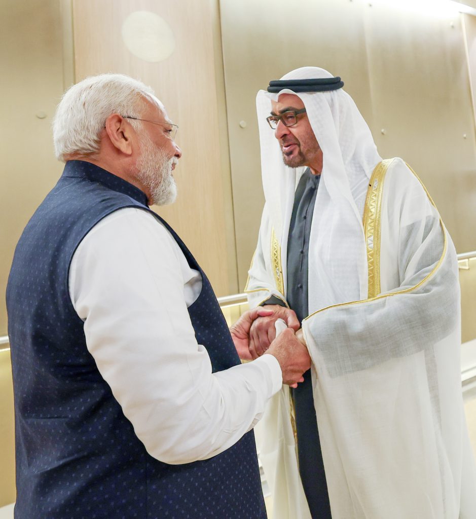 PM being welcomed by the President of the United Arab Emirates, Sheikh Mohammed bin Zayed Al Nahyan during his visit to Abu Dhabi, in United Arab Emirates (UAE) on February 13, 2024.