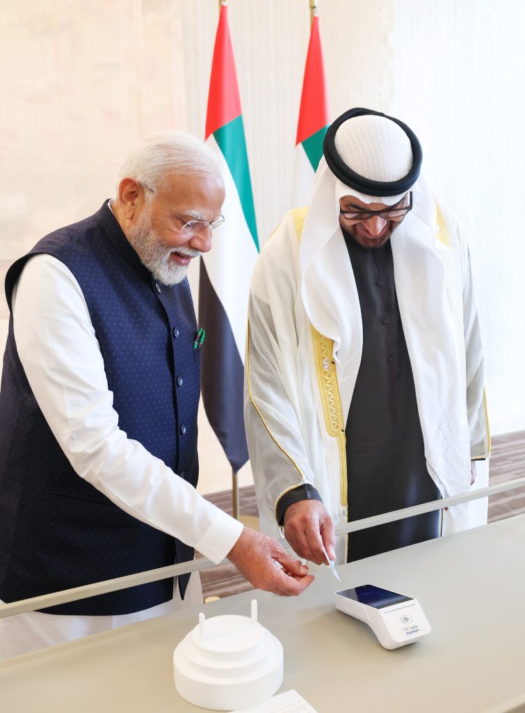 PM and President of the United Arab Emirates, Sheikh Mohammed bin Zayed Al Nahyan launches UPI Rupay card payment service during India-UAE delegation level talks at Abu Dhabi, in United Arab Emirates (UAE) on February 13, 2024.