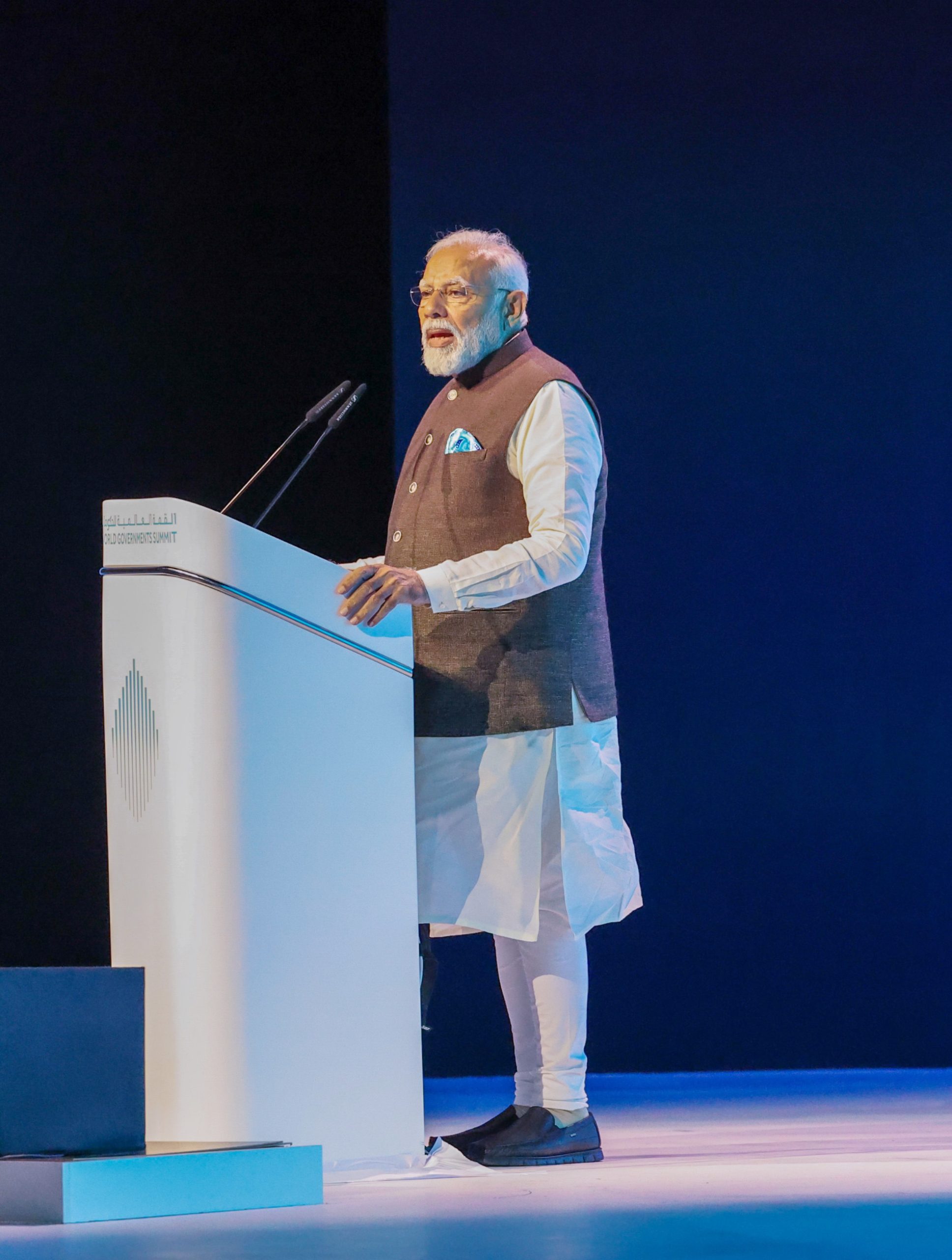 PM addressing the gathering of world leaders at the World Government Summit, in Dubai on February 14, 2024.