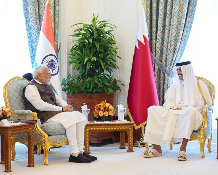 PM holds a bilateral meeting with the Emir of Qatar, Sheikh Tamim bin Hamad Al Thani at Doha, in Qatar on February 15, 2024.