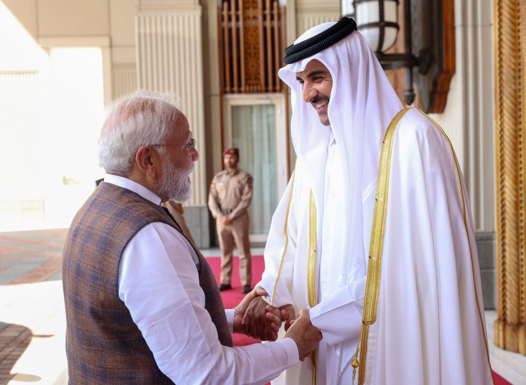PM with the Emir of Qatar, Sheikh Tamim bin Hamad Al Thani at Doha, in Qatar on February 15, 2024.