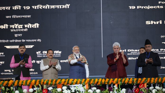 PM dedicates to the nation and lays the foundation stone of multiple development projects, in Jammu on February 20, 2024.