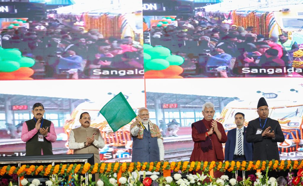 PM flags off trains from Srinagar to Sangaldan and Sangaldan to Baramulla, in Jammu on February 20, 2024.