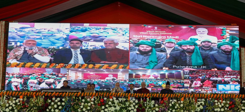 PM interacting with beneficiaries of various government schemes as part of the ‘Viksit Bharat Viksit Jammu’ program, in Jammu on February 20, 2024.