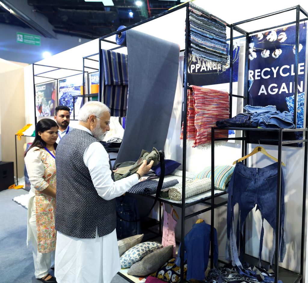 PM took a walkthrough of the Textile exhibition showcased on the Bharat Tex 2024 at Bharat Mandapam, in New Delhi on February 26, 2024.