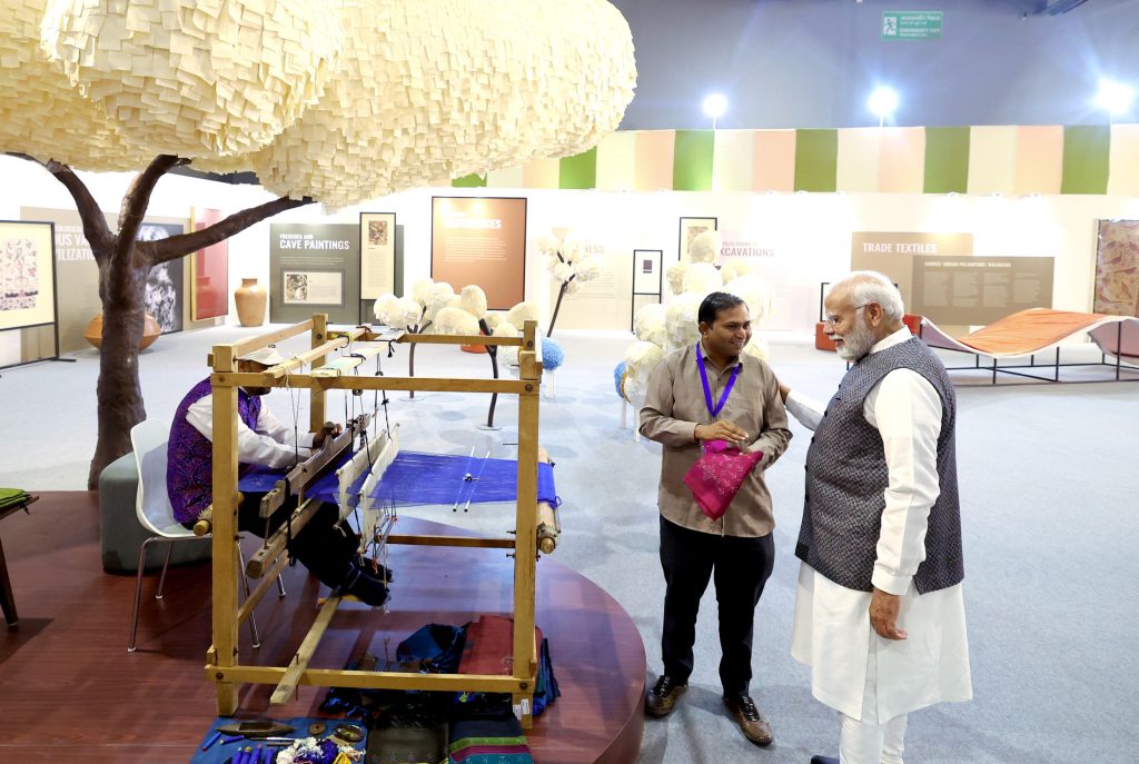 PM took a walkthrough of the Textile exhibition showcased on the Bharat Tex 2024 at Bharat Mandapam, in New Delhi on February 26, 2024.