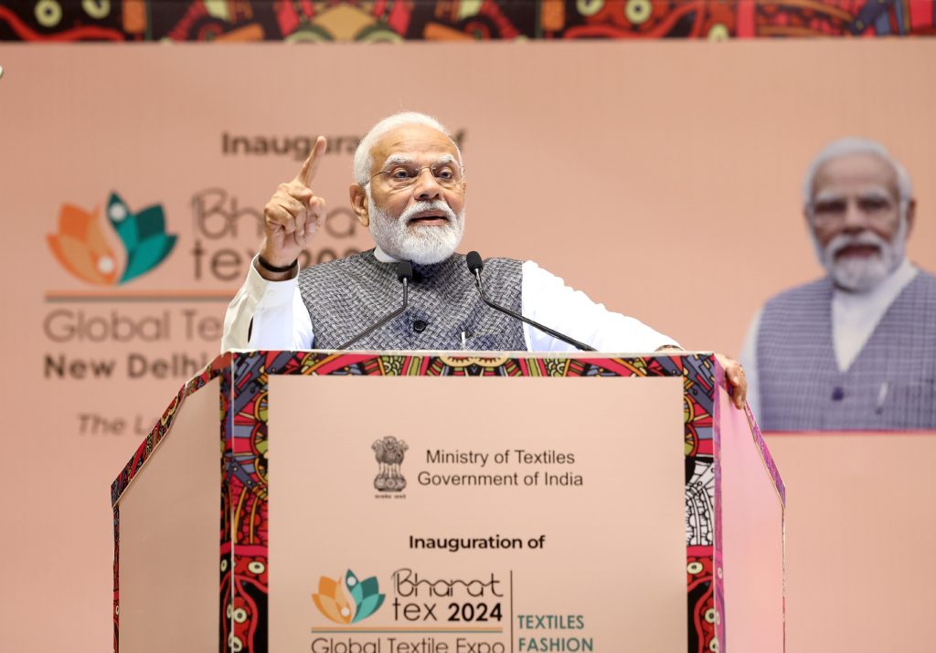 PM addressing at the inauguration of Bharat Tex 2024 at Bharat Mandapam, in New Delhi on February 26, 2024.