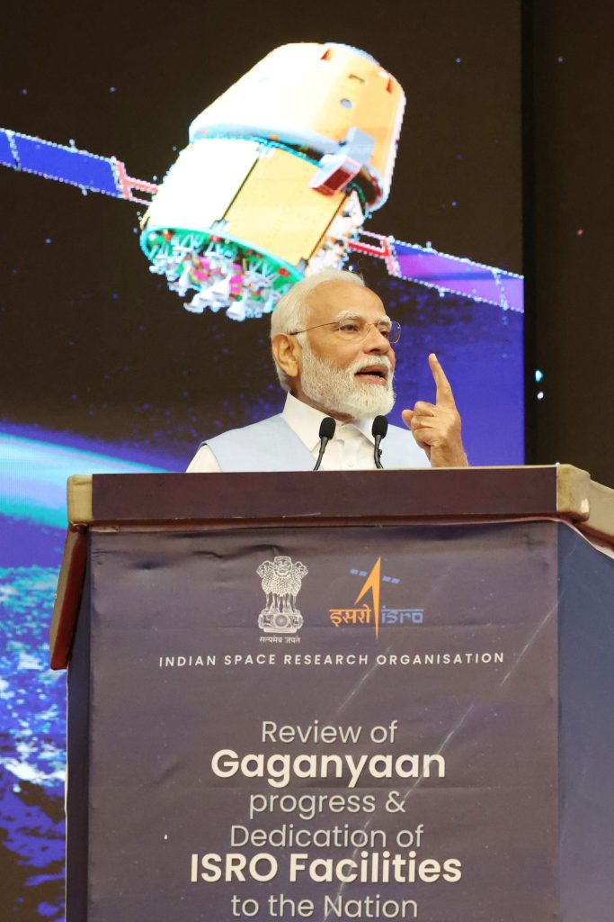 PM addressing at the inauguration of various ISRO projects at Vikram Sarabhai Space centre (VSSC) in Thiruvananthapuram, Kerala on February 27, 2024.