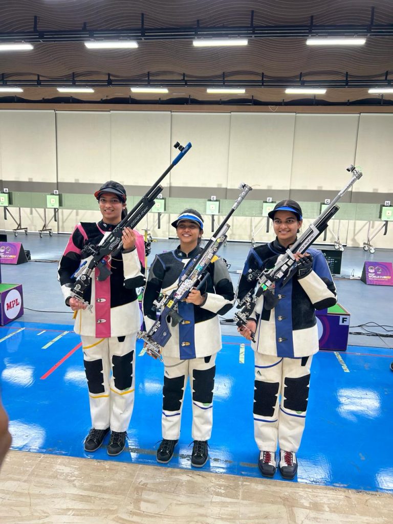 (L-R)- Ashi Chouksey, Mehuli Ghosh & Jasmeen Kaur after the women's 10m air rifle T3 final at the M.P. State Shooting Academy ranges on 25.02.2024.