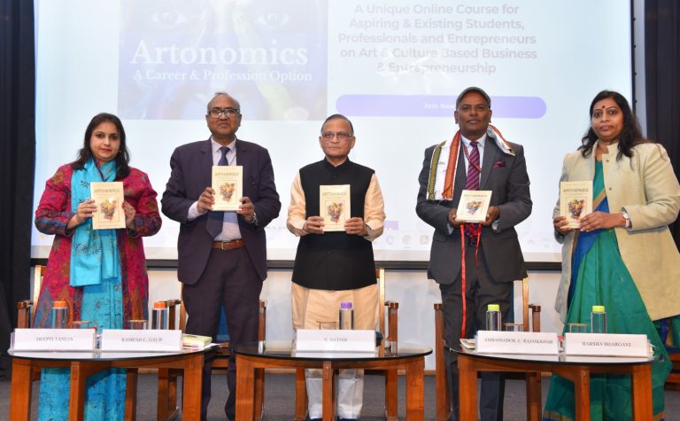 (L-R) Prof. Deepti Taneja, Prof. Gaur, Shri V. Satish ,Ambassador C. Rajashekhar and Dr. Pandiri Harsha Bhargavi Releasing the Book.
