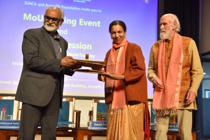 L-R: Dr. Sachchidanand Joshi, Member Secretary of IGNCA; Dr. Jayanti S. Ravi, Secretary of the Auroville Foundation; and Renowned Vedic scholar Dr. David Frawley.