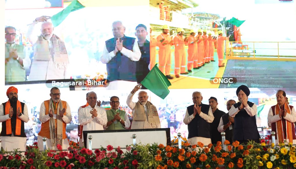 PM flags off the first crude oil tanker from the ONGC Krishna Godavari deepwater project in Begusarai, Bihar on March 02, 2024.