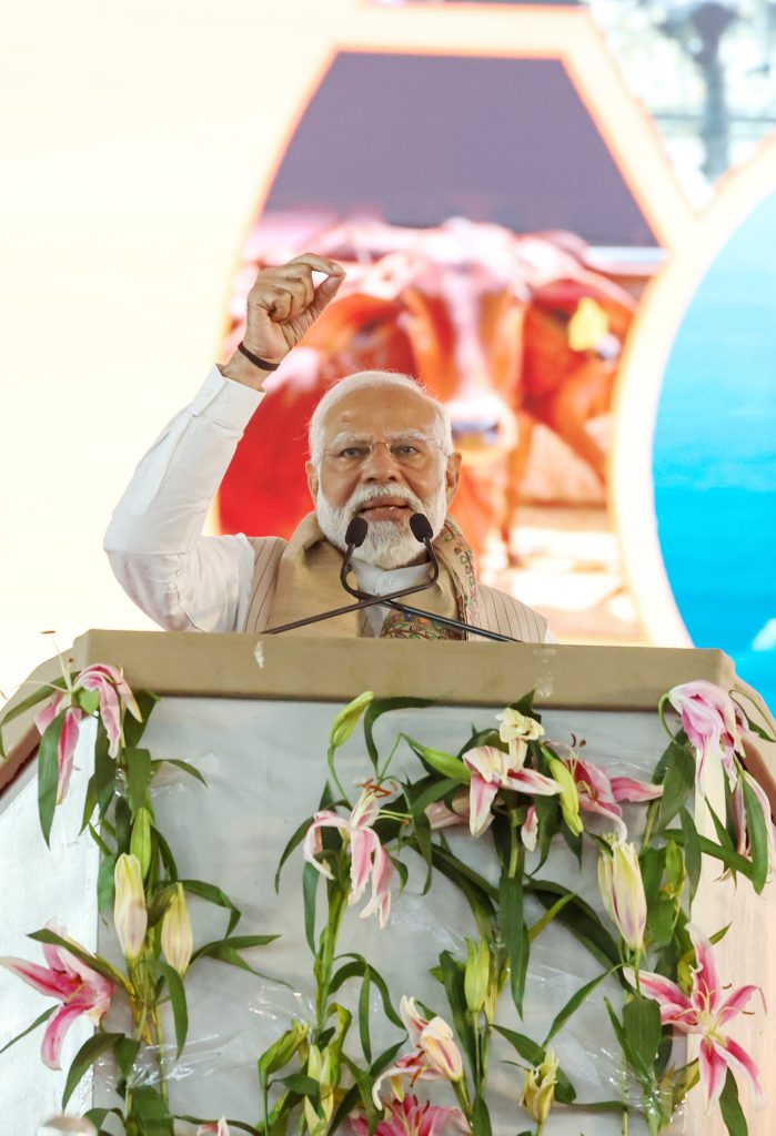 PM addressing at foundation stone laying for multiple development projects in Begusarai, Bihar on March 02, 2024.