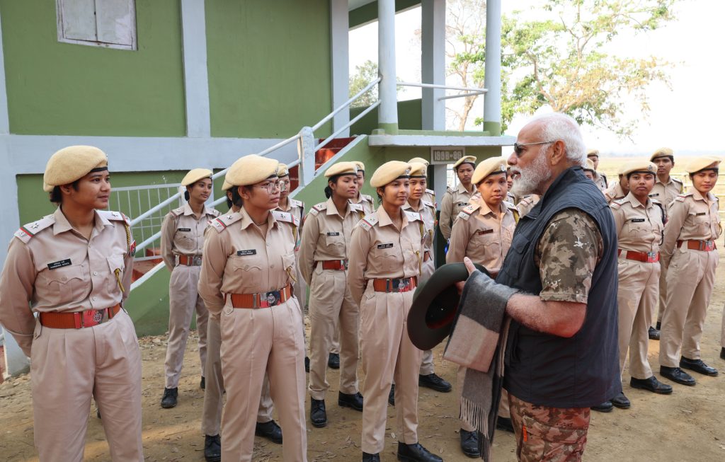 PM interacts with Van Durga, the team of women forest guards during his visit to Kaziranga National Park, in Assam on March 09, 2024.