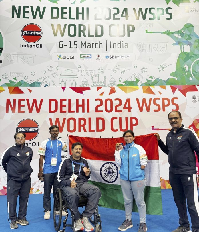 (L-R) Shri Ramchandra Rao, Father of Satya Janardhana Rayala; Vinay Kumar Pampari, Coach, Parashooting; Satya Janardhana Rayala, Parashooter; Pavani, Parashooter, Bronze medalist in R11 mixed event at the World Shooting Para Sport (WSPS) World Cup, New Delhi & Vijay Mohan Singham, Coach, Parashooting; at the WSPS, New Delhi, today.