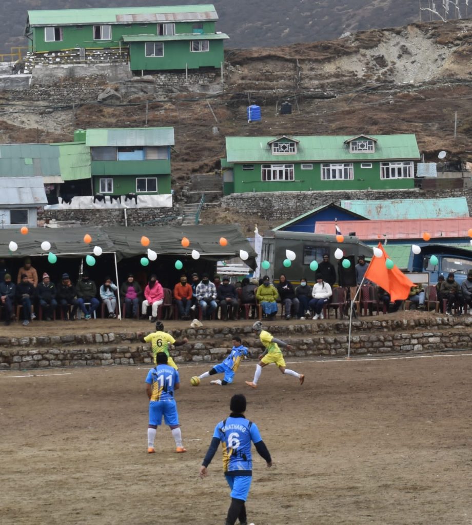 TRISHAKTI CORPS ORGANISES FOOTBALL MATCH AT AN ALTITUDE OF 12600 FEET IN THE  BORDER VILLAGE OF EAST SIKKIM ON THE INDO-CHINA BORDER UNDER OPERATION SADBHAVANA.