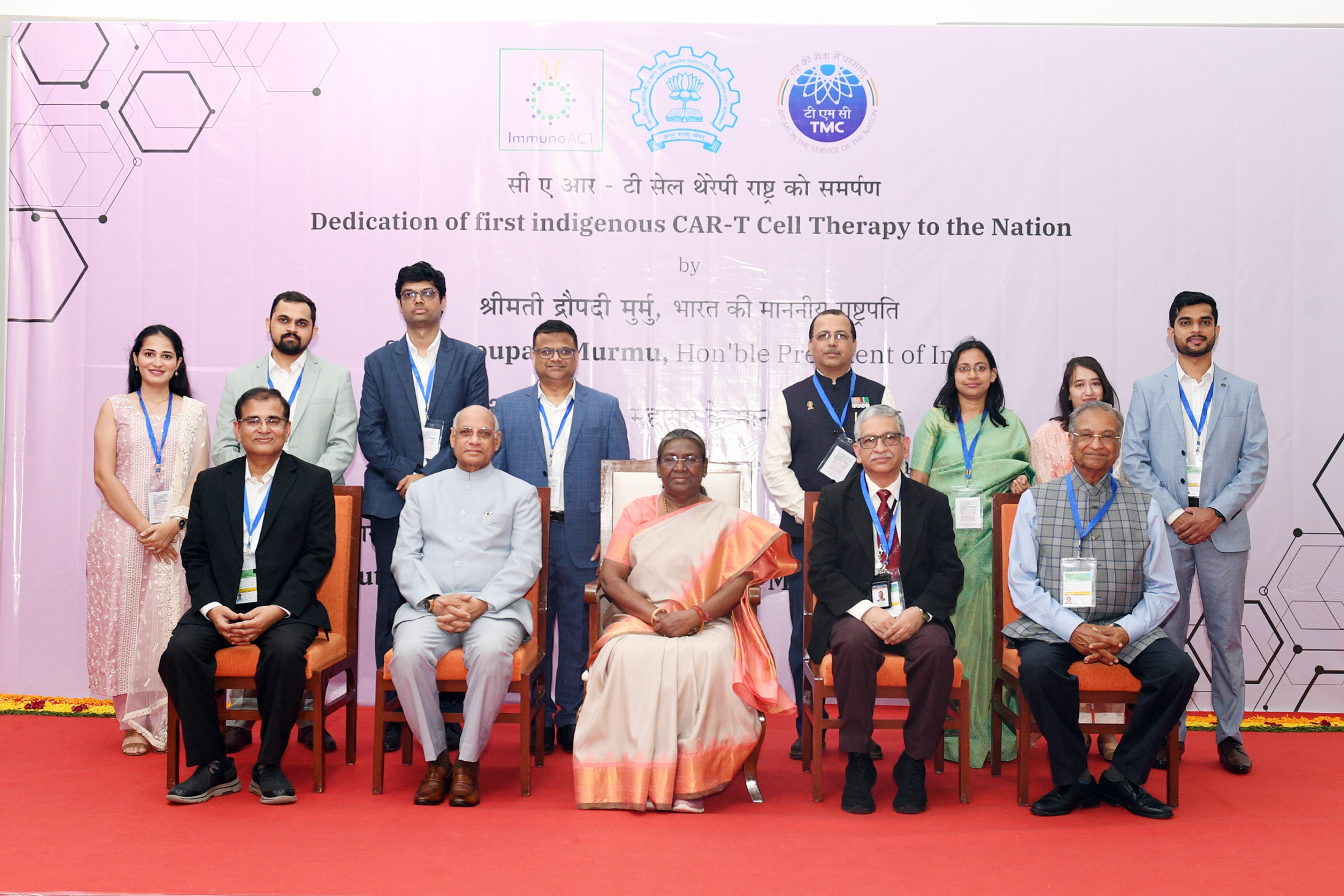 The President of India, Smt Droupadi Murmu in a group photograph during the launch of the Indias first home-grown gene therapy for cancer at IIT Bombay, in Maharashtra on April 04, 2024.