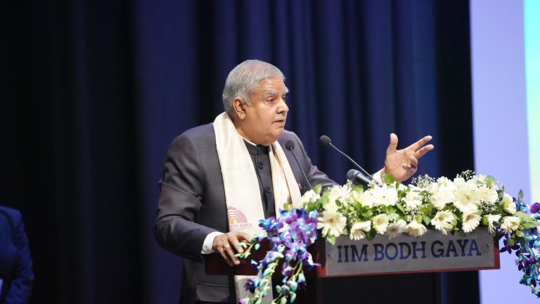 The Vice President, Shri Jagdeep Dhankhar addressing the students and faculty members at the 6th Convocation Ceremony of IIM Bodh Gaya in Gaya, Bihar on April 07, 2024.