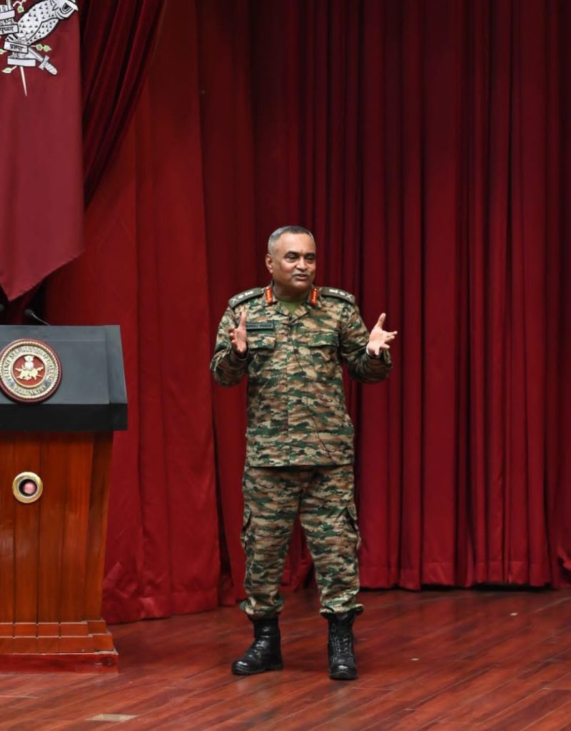The Chief of the Army Staff, General Manoj Pande addressing officers undergoing 79th Staff Course at Defence Services Staff College (DSSC), Wellington, in Tamil Nadu on April 08, 2024.