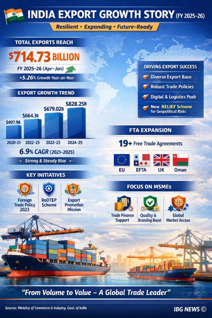 India’s Total Exports Rise to USD 714.73 Billion in FY 2025–26 (Apr–Jan)