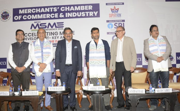 L - R : Shri Akhil Sonthalia, Co-Chairman, Council on MSMEs, MCCI, Shri Vishnu Kumar Bhandari, CMD, Supertron Group & Chairman, Council on IT & Communication, MCCI, Shri Munish Jhajharia, Senior Vice President, MCCI, Shri Ashoke Dinda, Hon'ble Minister of State for MSME & Textiles, Govt. of West Bengal, Shri Sanjib Kothari, Treasurer & Chairman, Council on MSMEs, MCCI, and Shri Shams Tabrez, DGM & Head, SME, State Bank of India at the MCCI MSME Conference 2026, "Accelerating MSME Development - Key Areas" on World MSME Day, held on Saturday, 27 June 2026 at Hotel Hindusthan International, Kolkata.