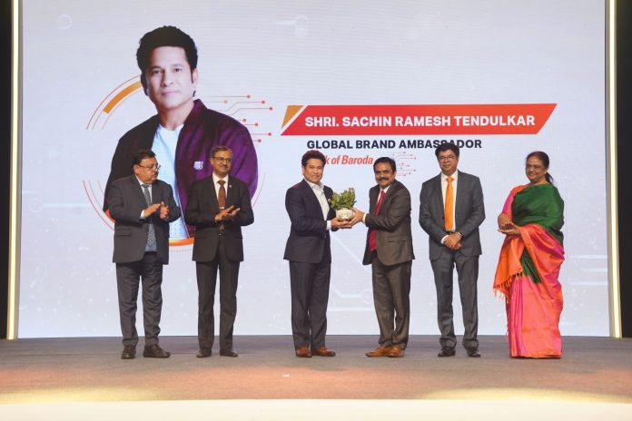 Dr. Debadatta Chand, MD CEO of BoB felicitated Global Brand Ambassador Shri Sachin Tendulkar along with Executive Directors of Bank of Baroda on the occasion of 119th Foundation Day. Dr. Debadatta Chand, MD CEO of BoB felicitated Global Brand Ambassador Shri Sachin Tendulkar along with Executive Directors of Bank of Baroda on the occasion of 119th Foundation Day.