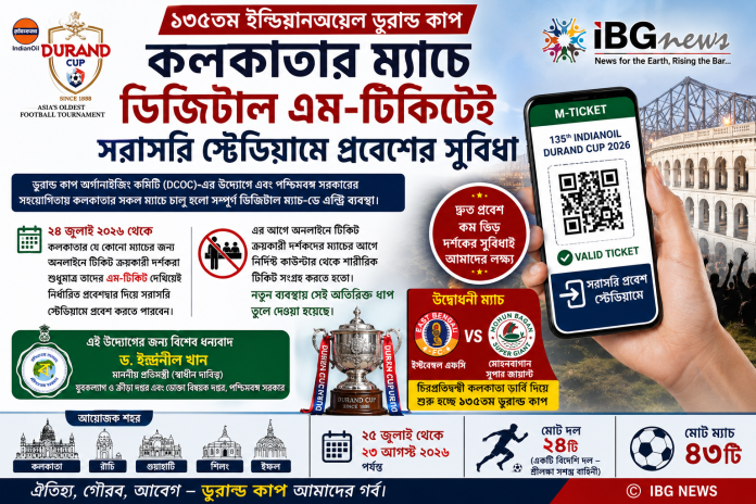 ১৩৫তম ইন্ডিয়ানঅয়েল ডুরান্ড কাপে কলকাতার ম্যাচে ডিজিটাল এম-টিকিটেই সরাসরি স্টেডিয়ামে প্রবেশের সুবিধা