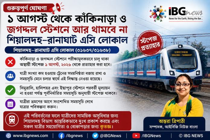 ১ আগস্ট থেকে কাঁকিনাড়া ও জগদ্দল স্টেশনে আর থামবে না শিয়ালদহ–রানাঘাট এসি লোকাল ১ আগস্ট থেকে কাঁকিনাড়া ও জগদ্দল স্টেশনে আর থামবে না শিয়ালদহ–রানাঘাট এসি লোকাল