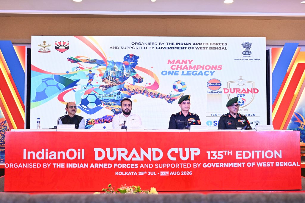 (L-R) Shri Rajesh Pandey, IAS, Additional Chief Secretary, Department of Youth Services & Sports and Department of Cooperation, Government of West Bengal; Dr. Indranil Khan, Hon'ble Minister of State (Independent Charge), Department of Youth Services and Sports and Department of Consumer Affairs, Government of West Bengal; Lieutenant General Gambhir Singh, UYSM, AVSM, YSM, Chief of Staff, Headquarters Eastern Command and Chairman, Durand Cup Organising Committee; and Major General Dinesh Kumar Singh, SM, VSM, General Officer Commanding, Bengal Sub Area and Vice Chairman, Durand Cup Organising Committee, during the Trophy Showcase and Press Conference of the 135th IndianOil Durand Cup at AOI Vijay Durg, Kolkata, on Wednesday.