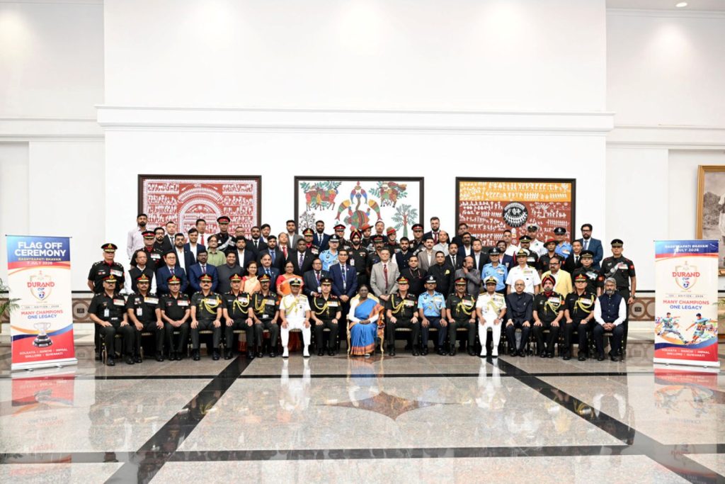 Hon'ble President of India, Smt. Droupadi Murmu flags off the Trophy Tour of the 135th IndianOil Durand Cup during the flag-off ceremony at the Rashtrapati Bhavan Cultural Centre in New Delhi on Tuesday.