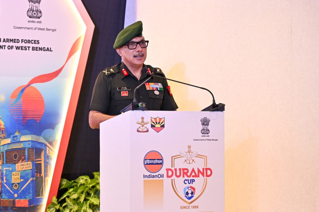 Major General Dinesh Kumar Singh, SM, VSM, General Officer Commanding, Bengal Sub Area and Vice Chairman, Durand Cup Organising Committee, addresses the gathering during the Trophy Showcase and Press Conference of the 135th IndianOil Durand Cup at AOI Vijay Durg, Kolkata, on Wednesday.