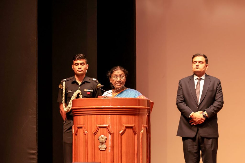 Hon. President of India Smt. Droupadi Murmu is addressing the gathering ahead of the flag-off ceremony of the 135th IndianOil Durand Cup Trophy Tour at the Rashtrapati Bhavan Cultural Centre in New Delhi on Tuesday.