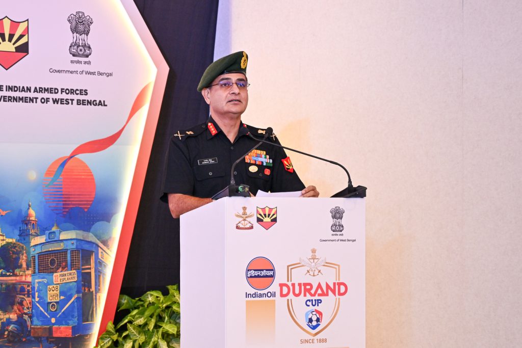 Lieutenant General Gambhir Singh, UYSM, AVSM, YSM, Chief of Staff, Headquarters Eastern Command and Chairman, Durand Cup Organising Committee, addresses the gathering during the Trophy Showcase and Press Conference of the 135th IndianOil Durand Cup at AOI Vijay Durg, Kolkata, on Wednesday.