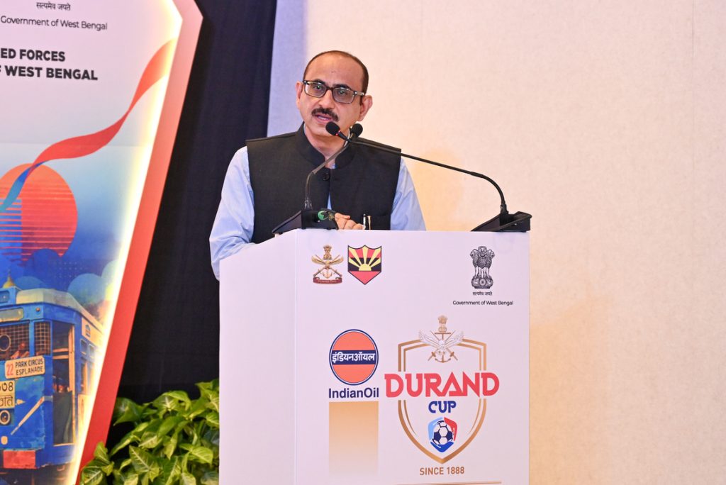 Shri Rajesh Pandey, IAS, Additional Chief Secretary, Department of Youth Services & Sports and Department of Cooperation, Government of West Bengal, addresses the gathering during the Trophy Showcase and Press Conference of the 135th IndianOil Durand Cup at AOI Vijay Durg, Kolkata, on Wednesday