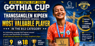 Minerva Academy’s Thangsanglen Kipgen Crowned MVP After Stunning Goal-Scoring Display at Gothia Cup Photo Caption: Thangsanglen Kipgen of Minerva Academy celebrates after being named the Most Valuable Player in the B12 category of the Gothia Cup World Youth Cup 2026, having scored 18 goals in nine matches.