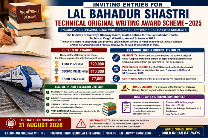 # Railways Invite Entries for Lal Bahadur Shastri Technical Original Writing Award Scheme–2025 **By Antara Tripathy** **IBG NEWS** **New Delhi, July 23, 2026:** The Ministry of Railways (Railway Board) has invited entries for the **Lal Bahadur Shastri Technical Original Writing Award Scheme – 2025**, an initiative aimed at encouraging original technical writing in Hindi on railway-related subjects. The award scheme is open to serving and retired railway employees as well as all citizens of India. The initiative seeks to promote the creation of high-quality original literature on railway operations and management while fostering the use of Hindi in technical and professional writing. ## Cash Awards for Outstanding Original Works The Ministry of Railways will recognise the best original books submitted under the scheme with the following cash prizes: * **First Prize:** ₹20,000 * **Second Prize:** ₹10,000 * **Third Prize:** ₹7,000 The awards will be conferred on books selected by the Ministry of Railways (Railway Board). ## Emphasis on Originality The Ministry has laid down strict originality guidelines for the competition. Only **original works authored by the applicant** will be considered. Adapted, translated, edited or copied material, including content downloaded or reproduced from the internet, will not be accepted for evaluation. Authors of the selected books will continue to retain the **copyright** of their works. ## Publication Period For the **2025 award cycle**, eligible books must have been **written or published between 1 January 2023 and 31 December 2025**. ## Eligibility Criteria The Ministry has specified the following conditions for participation: * The book must relate specifically to **railway operations** or **railway management**. * It should contain **at least 100 pages**. * The font size should **not exceed 12 points**. * Books that have already received awards from the **Government of India**, any **State Government** or **Union Territory Administration** are **not eligible**. * Books previously submitted under this award scheme **cannot be resubmitted**. ## Final Decision of the Ministry The Ministry of Railways has clarified that the decision of the **Railway Board** regarding the selection of award-winning books will be **final and binding**. ## Submission Process Interested authors are required to submit: * **Two printed or typewritten copies** of their book or manuscript. * The **prescribed information form**. * A **signed declaration form**. The entries should be sent to: **Director, Official Languages** **Room No. 376 (G)** **Ministry of Railways (Railway Board)** **Rail Bhavan** **New Delhi – 110001** ## Last Date for Submission The **last date for submission of entries is 31 August 2026**. The Ministry has stated that applications received after the deadline or submitted without the required book copies and signed declaration form will **not be considered**. Through the **Lal Bahadur Shastri Technical Original Writing Award Scheme – 2025**, the Ministry of Railways aims to encourage original Hindi technical literature that contributes to knowledge-sharing, innovation and professional excellence in the field of railway operations and management.