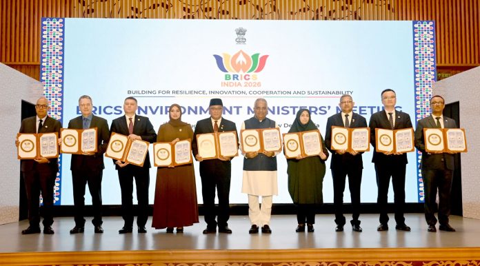 The Union Minister for Environment, Forest and Climate Change, Shri Bhupender Yadav attends the BRICS Environment Ministers’ Meeting being held under India’s BRICS Chairpersonship – 2026 at Bharat Mandapam, in New Delhi on August 18, 2026.