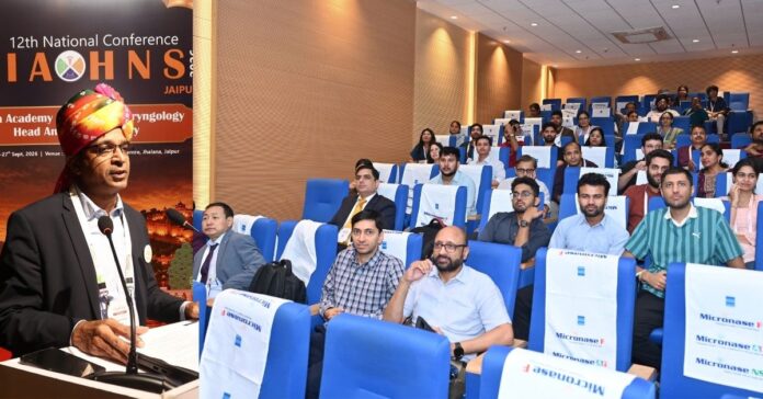 AOHNS 2026 Scientific Chairman Dr Pawan Singhal addressing the ENT conference, with doctors and students in attendance. AOHNS 2026 Scientific Chairman Dr Pawan Singhal addressing the ENT conference, with doctors and students in attendance.