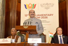 12TH BRICS PARLIAMENTARY FORUM CONCLUDES WITH ADOPTION OF A JOINT DECLARATION The Speaker of Lok Sabha, Shri Om Birla addressing at the 12th BRICS Parliamentary Forum 2026 at Parliament House, in New Delhi on October 27, 2026.