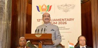 12TH BRICS PARLIAMENTARY FORUM CONCLUDES WITH ADOPTION OF A JOINT DECLARATION The Speaker of Lok Sabha, Shri Om Birla addressing at the 12th BRICS Parliamentary Forum 2026 at Parliament House, in New Delhi on October 27, 2026.