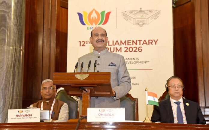 The Speaker of Lok Sabha, Shri Om Birla addressing at the 12th BRICS Parliamentary Forum 2026 at Parliament House, in New Delhi on October 27, 2026.