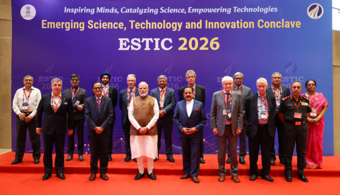 PM in a group photograph during the inauguration of the Emerging Science, Technology and Innovation Conclave, 2026 at Bharat Mandapam, in New Delhi, on October 27, 2026. PM in a group photograph during the inauguration of the Emerging Science, Technology and Innovation Conclave, 2026 at Bharat Mandapam, in New Delhi, on October 27, 2026.
