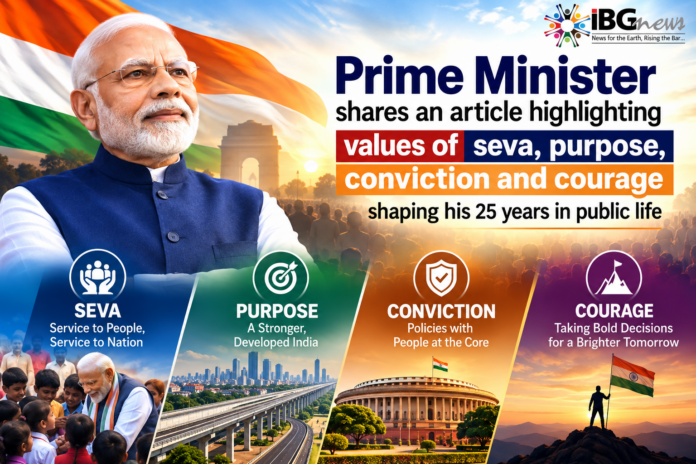 Prime Minister shares an article highlighting values of seva, purpose, conviction and courage shaping his 25 years in public life